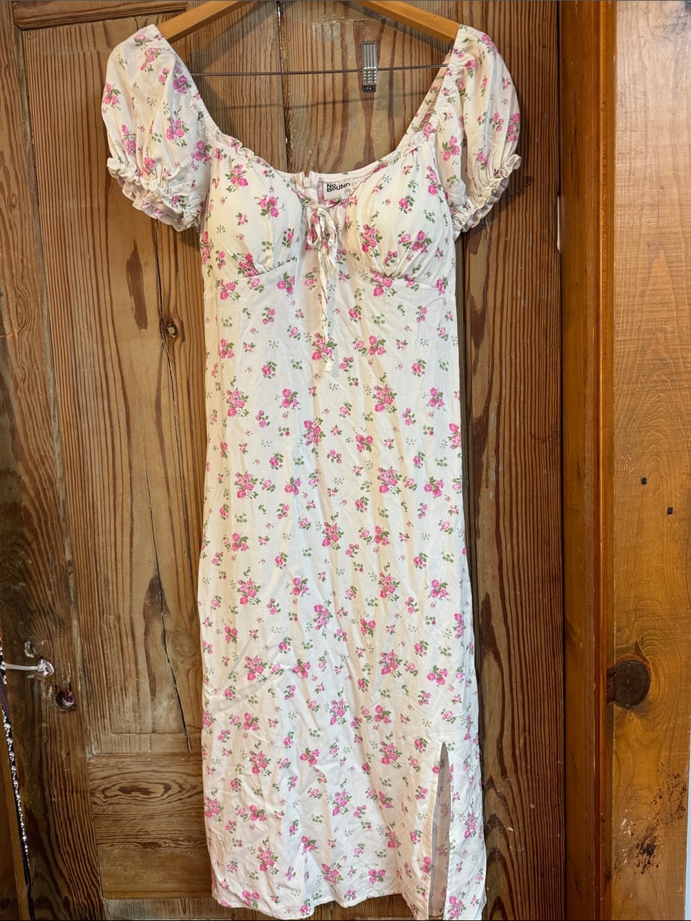 4-6 Puff-Sleeve dress Nightgown Pink Floral on Cream pad bra no boundaries